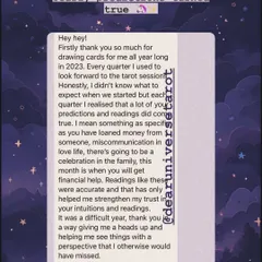 This detailed feedback from a year-long client shows the power of quarterly readings. They share how specific predictions about finances, family celebrations, and love life came true, strengthening their trust in their own intuition and my guidance.