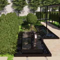A 3D render of a contemporary water feature with a striking spiral sculpture as its centerpiece. Set within a formal garden, this design acts as a piece of art, adding a dynamic and sophisticated element to the landscape.