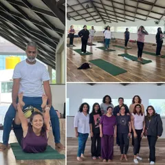 A collage from a healing day out with our yoga master, Rudra. It shows a mix of group practice, personalized adjustments in poses like Dhanurasana (Bow Pose), and the happy faces of our guests.