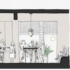 This sectional sketch of Benne reveals the spatial storytelling at play. It shows the choreography between the street, the transparent facade, and the open dosa counter at the heart of the space. The design encourages connection and comfort, honoring tradition within a modern framework.