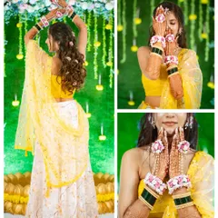 Details that tell a story. This collage focuses on the bride's beautiful floral jewelry, her intricate mehndi, and her joyful dance moves, capturing the essence of the Haldi celebration.