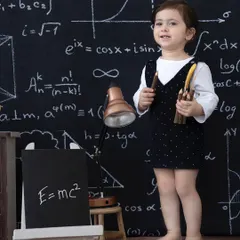 A standing portrait from the 'little professor' shoot, showing the full backdrop and props that create this academic setting.