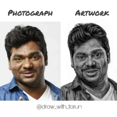 Photograph vs Artwork. This comparison shows how I translated the color photograph of Zakir Khan into a detailed, photorealistic graphite and charcoal drawing.
