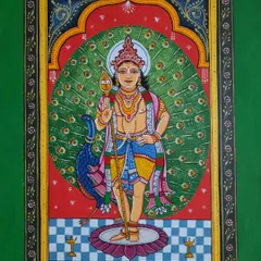 A customized Pattachitra painting of Lord Kartikeya. This traditional cloth-based scroll painting style is known for its intricate details and mythological themes, which we can recreate on canvas or walls.