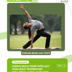 For the Pitta body type (medium build, warm temperature), I recommend cooling styles like Hatha or Yin yoga. This graphic shows poses like forward bends and twists to cool your inner fire.