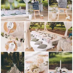 A collage showcasing the beautiful bohemian-style picnic setup for a baby shower. I capture all the decor details, from the table settings and floral arrangements to the welcome sign.