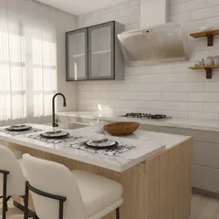 An island is a must-have if space allows. In this kitchen, the island provides extra countertop space for meal prep and doubles as a breakfast bar with comfortable seating. The beige and light brown laminate shutters create a warm, inviting feel.