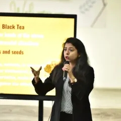 Presenting on lifestyle management during a Women's Day session at Lovely Heritage Public School. I discussed topics like diet, stress, and maintaining good health with minimal effort.