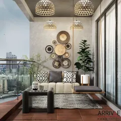 A bohemian-inspired balcony featuring a hanging swing, a low sofa, and a gallery wall of woven baskets. The natural textures and materials create a relaxed, earthy vibe.