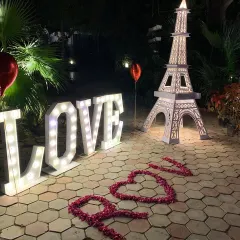 A detailed look at our unique prop combination for a romantic declaration. The setup includes large, bright "LOVE" marquee letters, an illuminated Eiffel Tower model, and the words "I Love You" spelled out with rose petals on the ground.