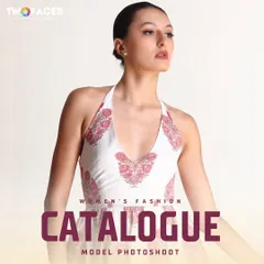 The model showcases a different angle in a halter-neck top, demonstrating her versatility for a modeling portfolio.