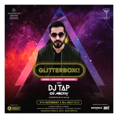 A poster for 'Glitterbox' at the Sheraton Grand, a premium hotel. I am experienced in performing at luxury venues that demand a sophisticated and high-energy musical set.