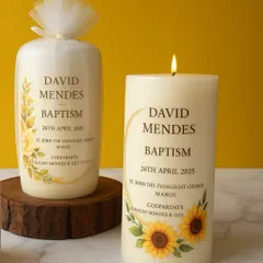 This is a great example of my custom pillar candles, created for a baptism. I can print names, dates, event details, and custom graphics like these sunflowers directly onto the organic soy wax.