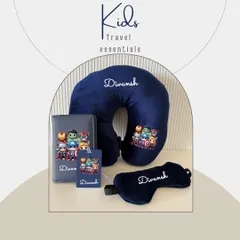 Travel in comfort with our kids' travel essentials set. This Avengers-themed set includes a personalised neck pillow, eye mask, passport cover, and luggage tag.