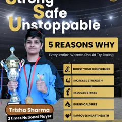 Featuring two-time national player Trisha Sharma, this post highlights five key reasons every woman should try boxing: boosting confidence, increasing strength, reducing stress, burning calories, and improving heart health.