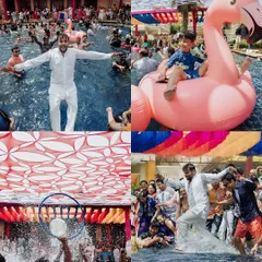 A collage from Harshit and Kritika's pool party, capturing all the fun, from being thrown in the pool to relaxing on a flamingo float.