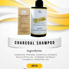 My Charcoal & Eucalyptus Clarifying Shampoo is perfect for a deep cleanse. This graphic shows the natural ingredients I use, like charcoal powder and eucalyptus oil, to remove buildup and refresh your scalp.