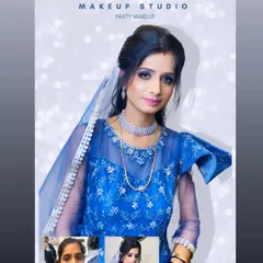 A before and after for a party makeup look. The client looks stunning and confident in her blue dress and perfectly matching makeup.