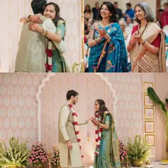 This collage captures the essence of an engagement: the emotional hugs with family, the proud smiles of parents, and the central moment of the couple's union.