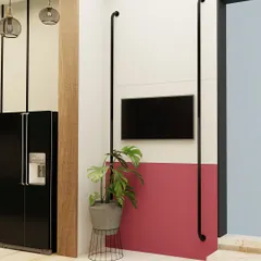 Here is another angle of the living space, showing how I use color blocking and clean lines to define different zones. The simple, wall-mounted TV is framed by minimalist black poles, creating a modern aesthetic that is both structured and warm.