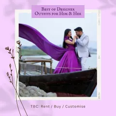 Create movie-like moments with our unique rental outfits. This vibrant purple flying gown adds a splash of color and drama, especially for a romantic pre-wedding shoot on the water. We style both of you to ensure your looks are perfectly in sync.