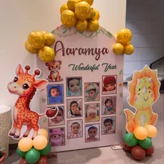 A personalized milestone board is a wonderful way to celebrate a first birthday. For this jungle-themed party, we designed a board showcasing the baby's "Wonderful Year" surrounded by cute animal props.