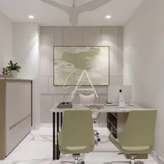 This compact cabin design demonstrates how we maximize smaller spaces. A clean, white and sage green color scheme, wall-mounted storage, and a minimalist desk create a workspace that feels spacious, organized, and serene.