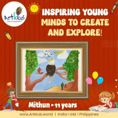 Eleven-year-old Mithun's masterpiece of an eagle perched on a branch shows his skill in creating complex and detailed scenes.