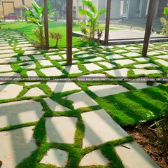 The beauty of a garden is in the details. Here, I've used irregular stone pavers with vibrant green grass growing through the gaps, creating a pathway that feels both structured and organic, inviting you to walk and explore.