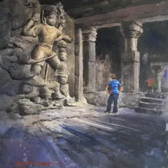 A watercolour painting of the magnificent Elephanta Caves in Mumbai. I aimed to capture the dramatic light and shadow on the ancient Indian sculptures.