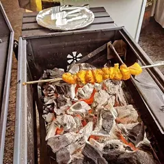 A single skewer of freshly grilled vegetarian tikka rests over the hot coals of our barbecue pit. This shot captures the essence of our live grill service, focusing on fresh, hot, and smoky appetizers.