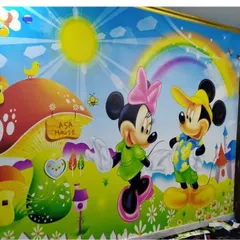 A full view of the custom Mickey and Minnie Mouse wallpaper after installation. It completely transforms the room into a happy space for children to play and grow.