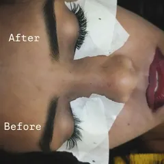 A clear before and after comparison of eyelash extensions. You can see how the extensions add significant length and volume, creating a much more dramatic and defined eye look.