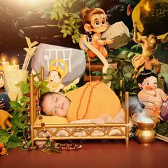 A creative and culturally rich "Jai Shree Ram" themed newborn shoot. This setup features custom props and a vibrant, story-driven background, showing how we can design a session that is deeply personal to your family's faith and traditions.
