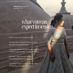 Here is what you can expect in a session with us. You'll get access to our signature bridal toolkit, learn our "context over couture" philosophy, and engage in honest conversations with brides from all over the world.