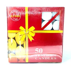 The front of my red gift-style box for a pack of 50 tealights. It clearly states the 4.5-hour burning time, so you know you are getting a long-lasting product.