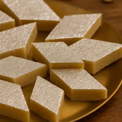 A plate of my finest Kaju Katli, ready to be served. The silver varq adds a touch of royalty to this classic Indian sweet, making it perfect for any celebration.