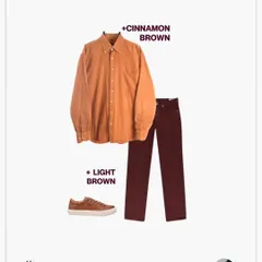 Here's a great monochromatic look for men. Pairing wine-colored trousers with a cinnamon brown shirt and light brown shoes creates a sophisticated and cohesive outfit.