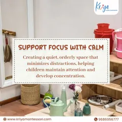 A quiet, orderly space with minimal distractions is key to developing deep concentration. Here, practical life tools like watering cans and brooms are neatly arranged, inviting purposeful work.