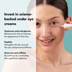 For your at-home routine, invest in science-backed eye creams. Look for ingredients like hyaluronic acid for moisture, peptides to prevent puffiness, and caffeine to constrict blood vessels and reduce darkness.