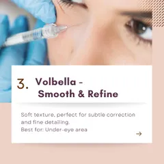 This graphic explains Juvederm Volbella, a filler with a soft texture that is perfect for subtle correction of fine lines and is especially effective for the delicate under-eye area.