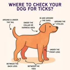 Ticks love to hide in warm, cozy spots. Here's a quick visual guide on where to check your dog for ticks after every single walk, especially during peak season.
