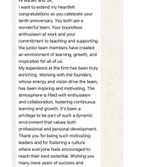 A message from Apoorva on our tenth anniversary. Her words on our commitment to teaching and fostering a learning environment mean the world to us, as mentorship is a core value of our practice.
