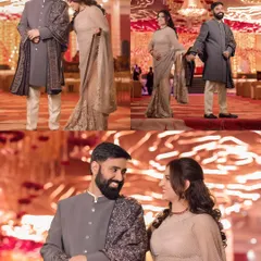 A collage of the couple's portraits, showing them walking together and sharing loving glances at their reception.