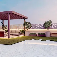 This 3D visualization of a terrace garden in Kirtinagar shows how I plan outdoor spaces. The design includes a modern pergola for shaded seating, an artificial grass lawn for a touch of green, and integrated lighting within the planters and boundary walls to create a beautiful evening ambiance.