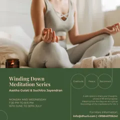 End your day with gratitude, peace, and reconnection. Our "Winding Down Meditation Series" is a gentle practice to release the day's stress and tune into your inner self. This poster invites you to join our evening sessions for deep relaxation.
