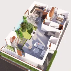 A 3D floor plan of the Sai Residence. This visualization helps clients understand the flow of the ground floor, from the living room and pooja area to the open kitchen and landscaped courtyard with its swing.
