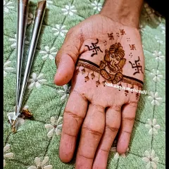 A traditional groom mehendi featuring Lord Ganesha for blessings, surrounded by sacred swastika symbols. A perfect design to start a new journey with divine grace.