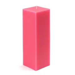 A bright pink square pillar candle. This modern shape combined with a vibrant color makes for a fun and eye-catching decorative piece.