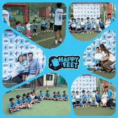 This collage is a snapshot of the non stop fun and celebration at Happy Feet. You can see kids in their drills, posing with certificates, and enjoying moments with their parents and coaches.